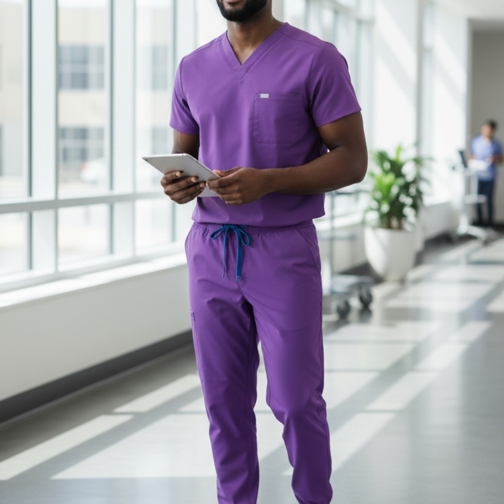 Figs Men's Livingston Pant And Mens Catarina Top Purple Scrub Set